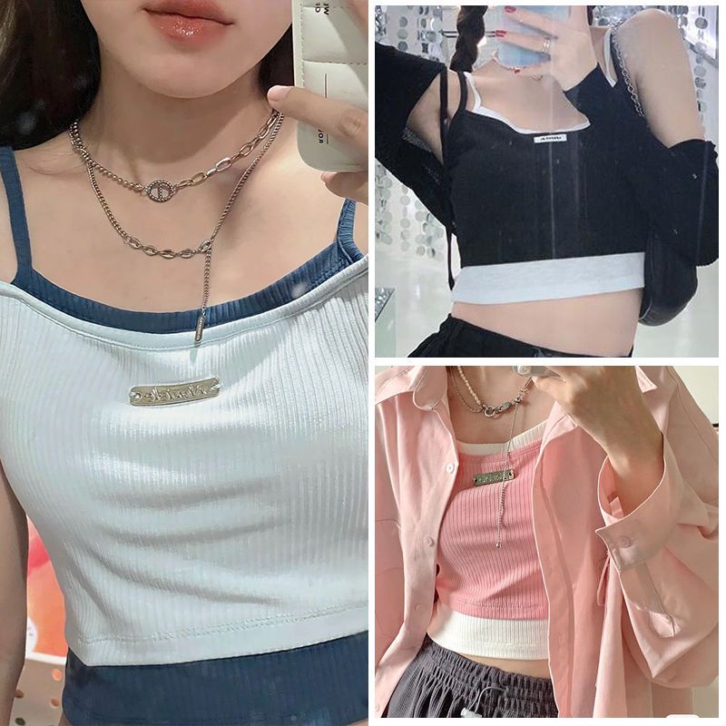 พร้อมส่ง-ขายดี-เสื้อสายเดี่ยว-แบบสั้น-รัดรูป-สองชั้น-แนวหวานแหวว-เรียบง่าย-สําหรับผู้หญิง