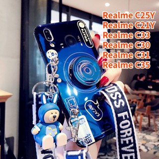 เคสโทรศัพท์มือถือ ซิลิโคน พร้อมสายคล้อง และตุ๊กตาน่ารัก และขาตั้ง สําหรับ Realme C25Y C30 C31 C21Y C33 C35