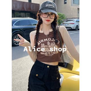 Alice  สินค้ามาใหม่ เสื้อครอปแฟชัน เกาหลี น่ารัก เซ็กซี่ เสื้อครอปแขนสั้น  พิเศษ คุณภาพสูง ทันสมัย Unique A29J0FK 36Z230909