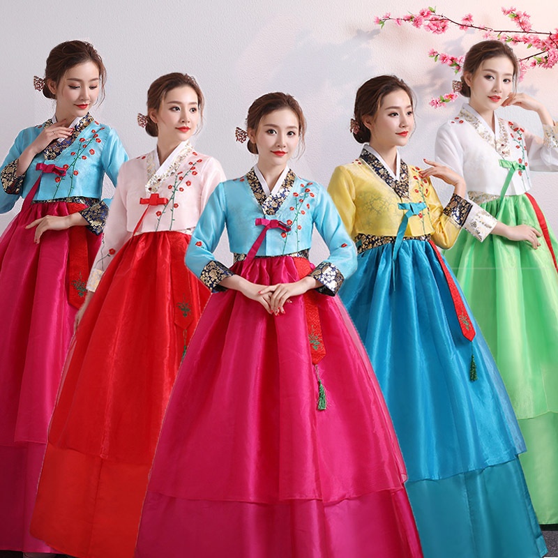 hanbok-ชุดฮันบกเกาหลี-วัสดุผ้าซาติน-ชุดเดรสยาวเกาหลีโบราณศาล-เครื่องแต่งกายแบบดั้งเดิม-เครื่องแต่งกายสไตล์ประจำชาติ