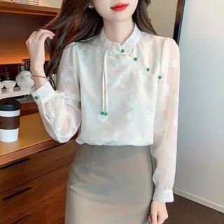 เสื้อเชิ้ต แขนยาว ผ้าชีฟอง ทรงหลวม ลําลอง สีพื้น แฟชั่นฤดูร้อน สไตล์เรโทร สําหรับผู้หญิง