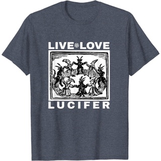 เสื้อยืดโอเวอร์ไซส์เสื้อยืดลําลอง แขนสั้น คอกลม พิมพ์ลาย Hail Satan Live Love Lucifer With Dancing Demons แฟชั่นสไต_01