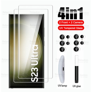 ฟิล์มกระจกนิรภัยกันรอยหน้าจอ 4in1 สําหรับ Samsung Galaxy S23 Ultra UV S23 S 23 Plus S23Ultra 5G S23+