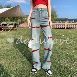 DaDulove💕 New Korean version of ins embroidered light-colored wide-leg pants niche high-waisted straight-leg jeans
