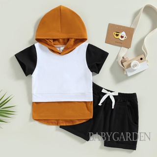 Babygarden-3-24 เดือน ชุดเด็กผู้ชาย แขนสั้น มีฮู้ด เสื้อยืดสีตัดกัน + กางเกงขาสั้น เอวยางยืด