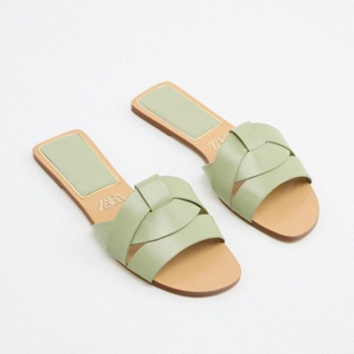 Zara รองเท้าแตะ เปิดนิ้วเท้า พื้นแบน สีเขียว แฟชั่นฤดูร้อน สําหรับผู้หญิง 2022