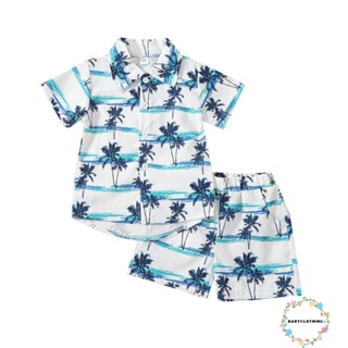 Babyclothes- ชุดเสื้อผ้าเด็กวัยหัดเดิน ฮาวาย ฤดูร้อน พิมพ์ลายต้นไม้ เสื้อแขนสั้น คอปก กระดุม + กางเกงขาสั้น เอวยางยืด