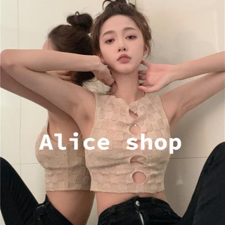 Alice เสื้อครอปไหมพรม เสื้อแขนกุด เปิดไหล่ ตารางหมากรุก 2023 ใหม่  ins Chic สไตล์เกาหลี สบาย A20K0BM 36Z230909