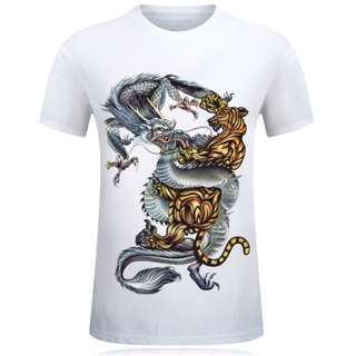 White Cotton T-Shirts 3D Print Dragon Tiger Fight Domineering Men‘s Short Sleeve T-shirt Boy Fashion Round Neck T S_01