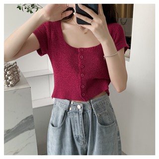 C&amp;m เสื้อครอปท็อป แขนสั้น คอสี่เหลี่ยม แต่งกระดุม ทรงสลิมฟิต สีหวานแหวว สําหรับเด็กผู้หญิง