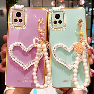 เคสโทรศัพท์มือถือนิ่ม ลายหัวใจ ประดับเพชร แวววาว พร้อมเชือกคล้องสั้น สําหรับ Samsung S23 Plus S23 Ultra S23fe A14 A34 A54 5G A24