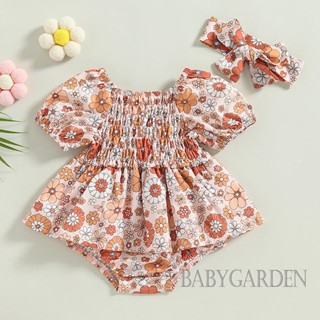 Babygarden-0-24 เดือน ชุดรอมเปอร์ แขนสั้น เปิดไหล่ พิมพ์ลายดอกไม้ พร้อมที่คาดผม สําหรับเด็กผู้หญิง