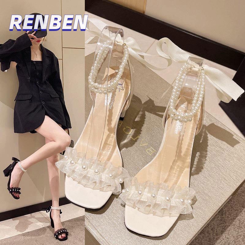 renben-รองเท้าแตะรัดส้นประดับมุกสตรีส้นหนาสตรีส้นสูงคริสตัล-slotted-ใส