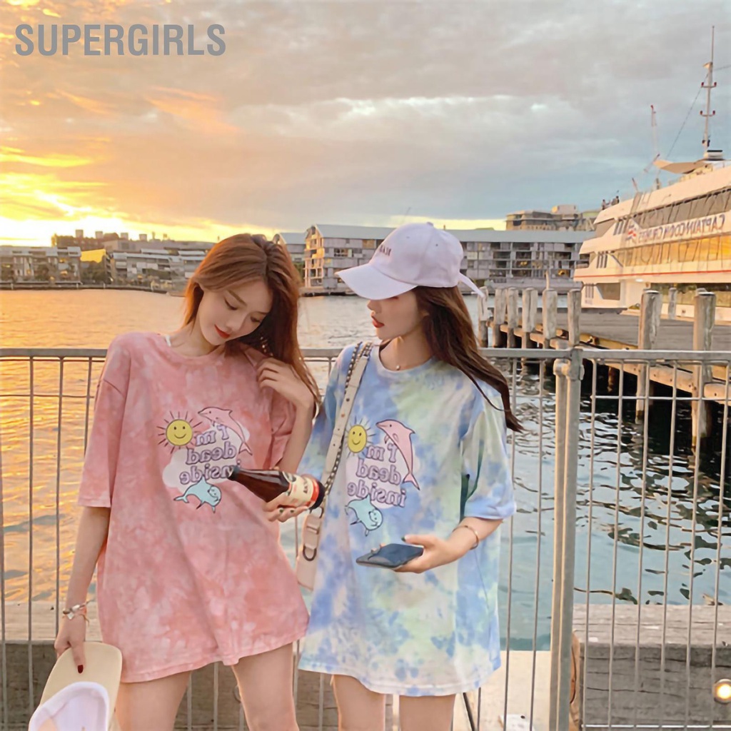 supergirls-ผู้หญิงแขนสั้นเสื้อยืดมัดย้อมรอบคอระบายอากาศหลวมประเภทแฟชั่นลำลองด้านบน