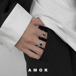 สินค้า ชุดแหวนอัญมณี ปรับได้ สีดํา ออกแบบดี สําหรับผู้ชาย และผู้หญิง