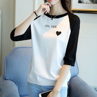 เสื้อยืด คอกลม แขนครึ่งส่วน แบบสวมหัว สีตัดกัน เรียบง่าย สําหรับผู้หญิง
