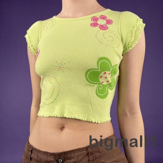 Bigmall- เสื้อครอปท็อปแขนสั้น พิมพ์ลายดอกไม้ แฟชั่นฤดูร้อน สําหรับผู้หญิง