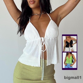 Bigmall- เสื้อครอปท็อปแขนกุด เปิดหลัง สีพื้น แฟชั่นฤดูร้อน สําหรับผู้หญิง