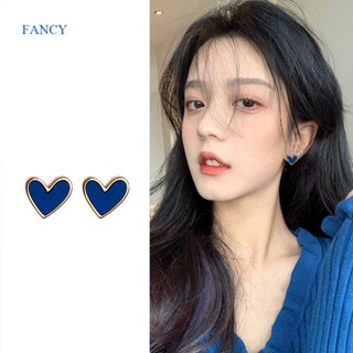 Fancy S925 ต่างหูสตั๊ด โลหะผสม รูปหัวใจ หลากสี สไตล์เกาหลี สําหรับผู้หญิง