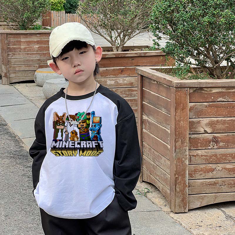 เสื้อยืดแขนยาว พิมพ์ลายการ์ตูน Minecraft Group Raglan สําหรับเด็กผู้ชาย ...
