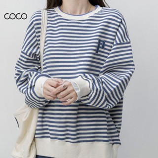 Coco~เสื้อกันหนาว oversize ท็อปส์ซูหลวม เสื้อสเวตเตอร์ลายทาง สไตล์นักเรียน  แฟชั่นผู้หญิง