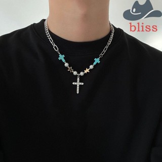 Bliss สร้อยคอ จี้ไม้กางเขน ลูกปัดเทอร์ควอยซ์ สไตล์ฮิปฮอป วินเทจ เครื่องประดับแฟชั่นคู่รัก สายคล้องมือ สําหรับผู้ชาย