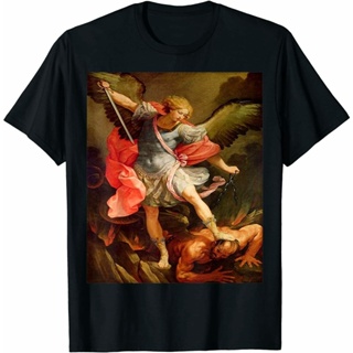 ถูกสุดๆเสื้อยืด พิมพ์ลาย Angels Archangel Michael defeating Satan Christian Warrior OEOC สําหรับผู้ชายรหัสเต็ม_04
