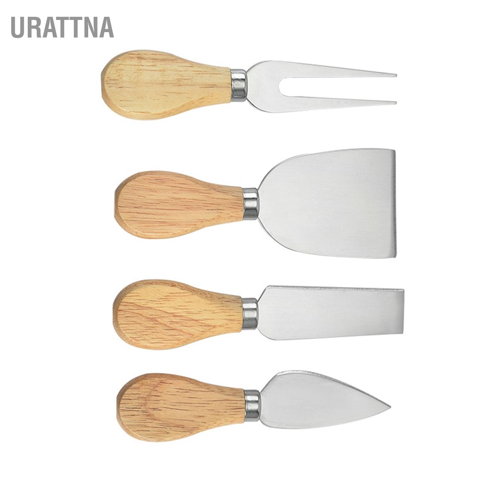 urattna-ชุดมีดชีสใบมีดสแตนเลสด้ามจับถนัดมือเครื่องตัดชีสพร้อมกล่องไม้สำหรับขนมปังพิซซ่า