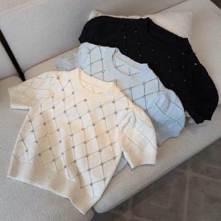เสื้อกันหนาว คอกลม แขนสั้น ลายสก๊อต ฉลุลาย เข้ากับทุกการแต่งกาย แฟชั่นฤดูใบไม้ผลิ สําหรับผู้หญิง