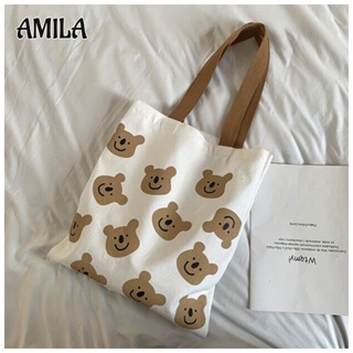 Amila กระเป๋าถือ ผ้าแคนวาส ลายตัวอักษร หมีน่ารัก ความจุขนาดใหญ่ สไตล์เกาหลี