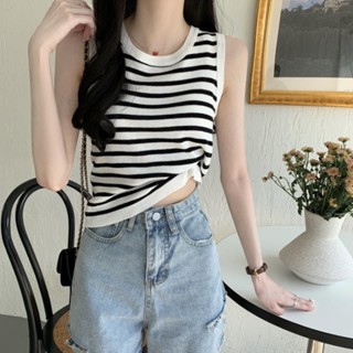 MA Real Shot --- เสื้อสายเดี่ยว แขนกุด ผ้าถัก ลายทาง สไตล์เกาหลี เรโทร เหมาะกับฤดูร้อน สําหรับผู้หญิง