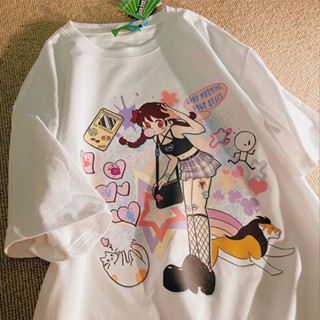 เสื้อยืดลําลอง แขนสั้น คอกลม พิมพ์ลายการ์ตูนน่ารัก สไตล์ญี่ปุ่น สําหรับสตรี และนักเรียน