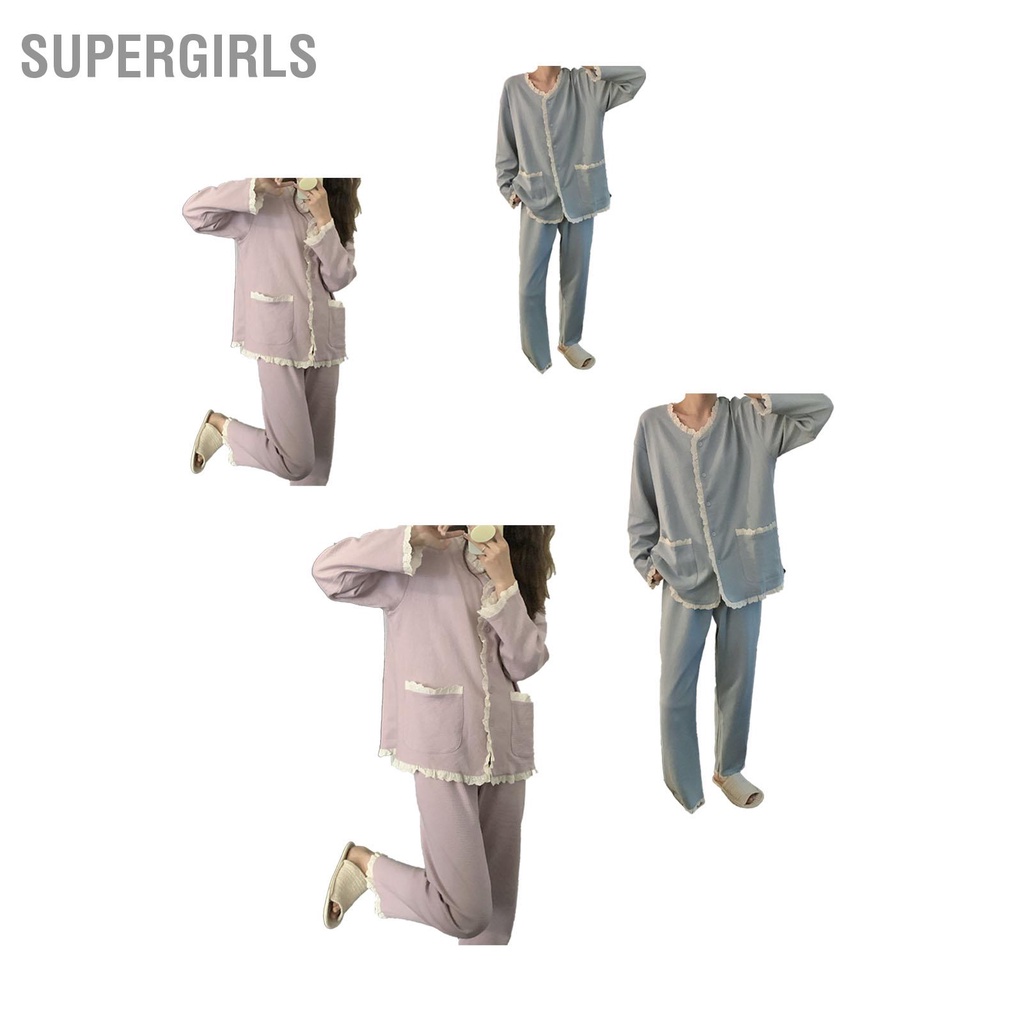 supergirls-ชุดนอนสตรีชุดหวานน่ารักประดับลูกไม้แขนยาวปุ่มด้านบนและกางเกงชุดนอน-2-ชิ้น