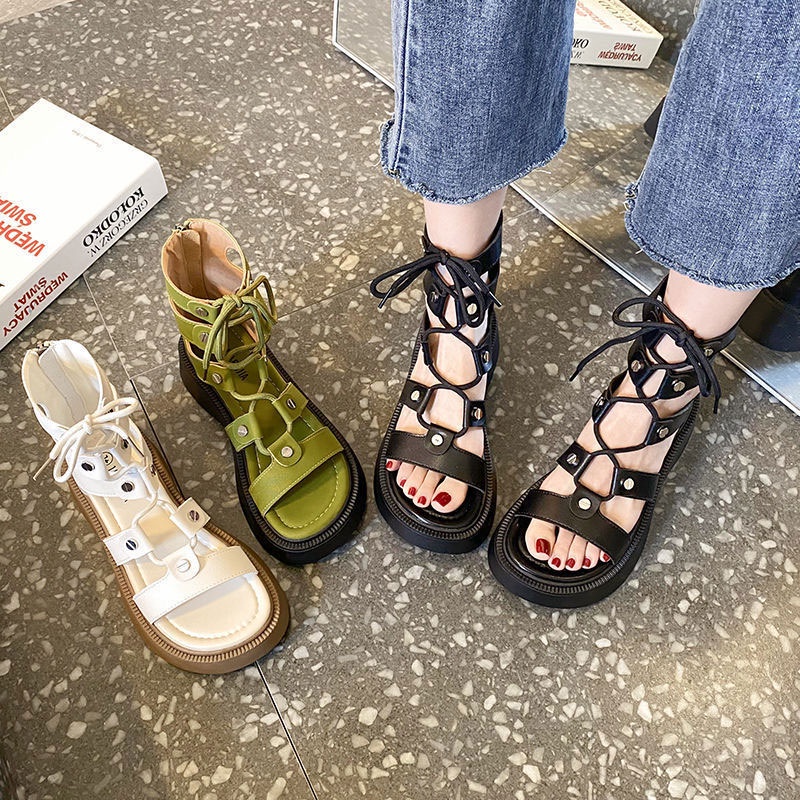 renbenรองเท้าผู้หญิง-รองเท้าแตะโรมัน-รูปแบบใหม่-พื้นแบน-ส้นสูง-ผูกเชือก-รองเท้าแฟชั่น-ส้นหนา-ผูกเชือก