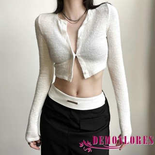 Demonlores- เสื้อครอปท็อปแขนยาว คอกลม แต่งกระดุม สีขาว แฟชั่นฤดูใบไม้ร่วง ฤดูหนาว สําหรับผู้หญิง