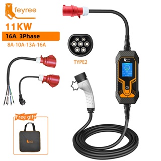 Feyree กล่องชาร์จไฟฟ้า 11KW 16A EV Type2 5 ม. EVSE 3 เฟส ปลั๊ก CEE IEC62196-2 สําหรับรถยนต์