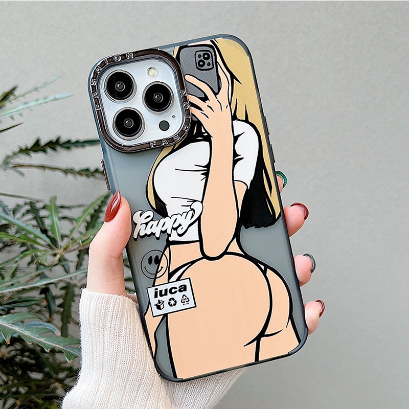 เคสไอโฟน-ลายการ์ตูนผู้หญิงเซลฟี่-เซ็กซี่-สําหรับ-iphone-11-14-pro-max-13-12-15-pro-max-15plus-ผิวด้าน-กันกระแทก-กันรอยเลนส์กล้อง