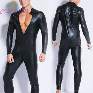 【COLORFUL】Men PVC Leather Black Tight Zip Wetlook Bodysuit Jumpsuit Rompers Leotard Clubwear