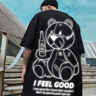 Fashion hip-hop style shirt mens oversized short-sleeved T-shirt reflective beer bear print T-shirt couple tee top_07