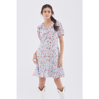 EP เดรสพิมพ์ลายดอกไม้แต่งระบาย ผู้หญิง สีฟ้า | Floral Print Ruffle Dress | 0793