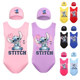 ชุดว่ายน้ําบิกินี่ วันพีช แขนกุด ลาย Stitch พร้อมหมวก สไตล์เจ้าหญิง สําหรับเด็กผู้หญิง