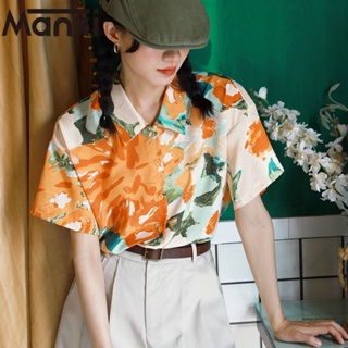 Manxi เสื้อแฟชั่นผู้หญิง เสื้อลายดอก อเมริกัน วินเทจ 2023แขนสั้นคอV A25K0LY