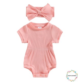 Babyclothes- ชุดจั๊มสูท รอมเปอร์ แขนสั้น สีพื้น พร้อมที่คาดผม โบว์ ฤดูร้อน สําหรับเด็กผู้หญิง