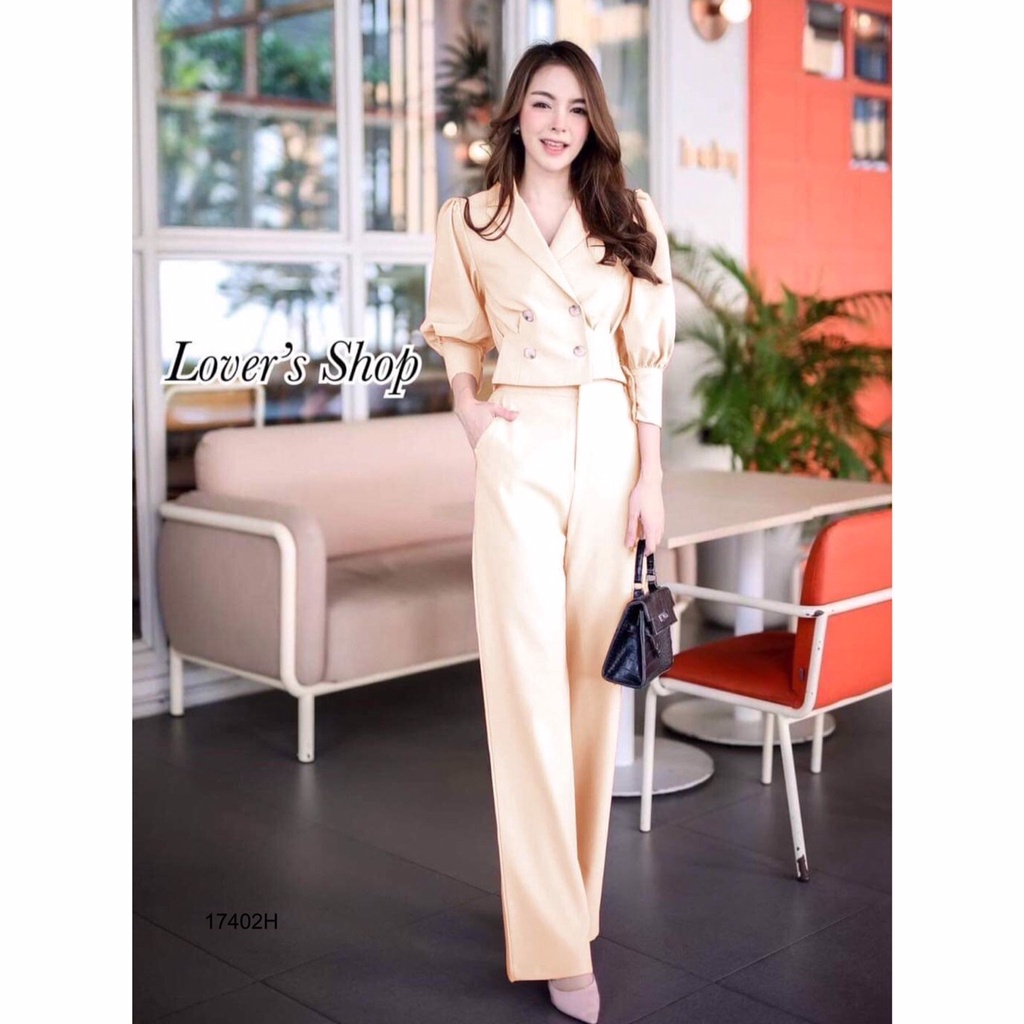 s4u-พร้อมส่ง-set-เสื้อแขนพอง-คอปกสูทกระดุมหน้า-กางเกงขายาว-ชุดเซ็ต-ชุดเดรส-ทำงาน-งานแต่ง-เสื้อผ้าสาวอวบ-สไตล์เกาหลี