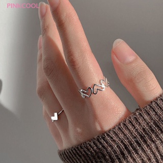 Pinkcool แหวนแฟชั่น รูปหัวใจ กลวง สีเงิน เรียบง่าย ปรับได้ เครื่องประดับ สําหรับผู้หญิง 1 ชุด
