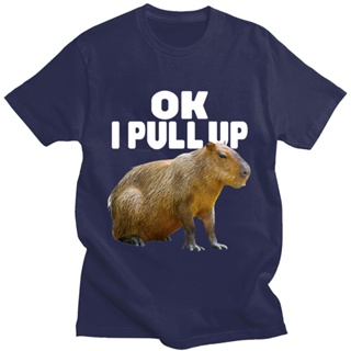 เสื้อยืดลําลอง ผ้าฝ้ายแท้ แขนสั้น พิมพ์ลายกราฟฟิค Ok I Pull Up Capybara ทรงหลวม สไตล์วินเทจ แฟชั่นสําหรับผู้ชาย