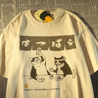 เสื้อยืดแขนสั้นลําลอง ผ้าฝ้าย พิมพ์ลายแมวตลก สไตล์ญี่ปุ่น ฮาราจูกุ สตรีท สําหรับผู้หญิง 2023