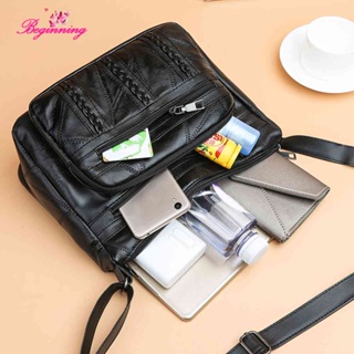 ✿ beginning ✿ Soft Leather Women Solid Crossbody Bags Braided Multi Pocket Shoulder Handb ✿