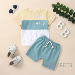 Babygarden-6m-4y ชุดเสื้อผ้าเด็กผู้ชาย แขนสั้น คอกลม พิมพ์ลายตัวอักษร + กางเกงขาสั้น แบบผูกเชือก