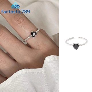 Fantastic789 แหวนเงิน ประดับเพทาย รูปหัวใจ สีดํา แวววาว เรียบง่าย หรูหรา เครื่องประดับแฟชั่น สําหรับผู้หญิง